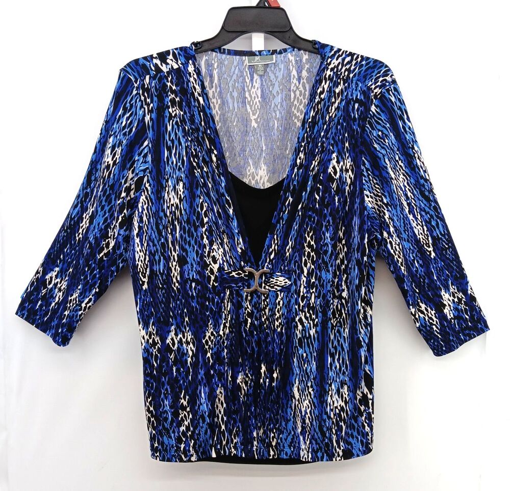 JM Collection Blouse Women Size XL Blue Animal Print 3/4 Sleeve Scoop Neck Lined